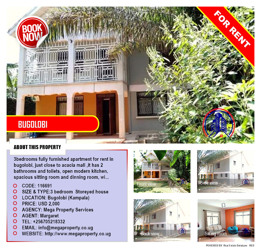 3 bedroom Storeyed house  for rent in Bugoloobi Kampala Uganda, code: 116691
