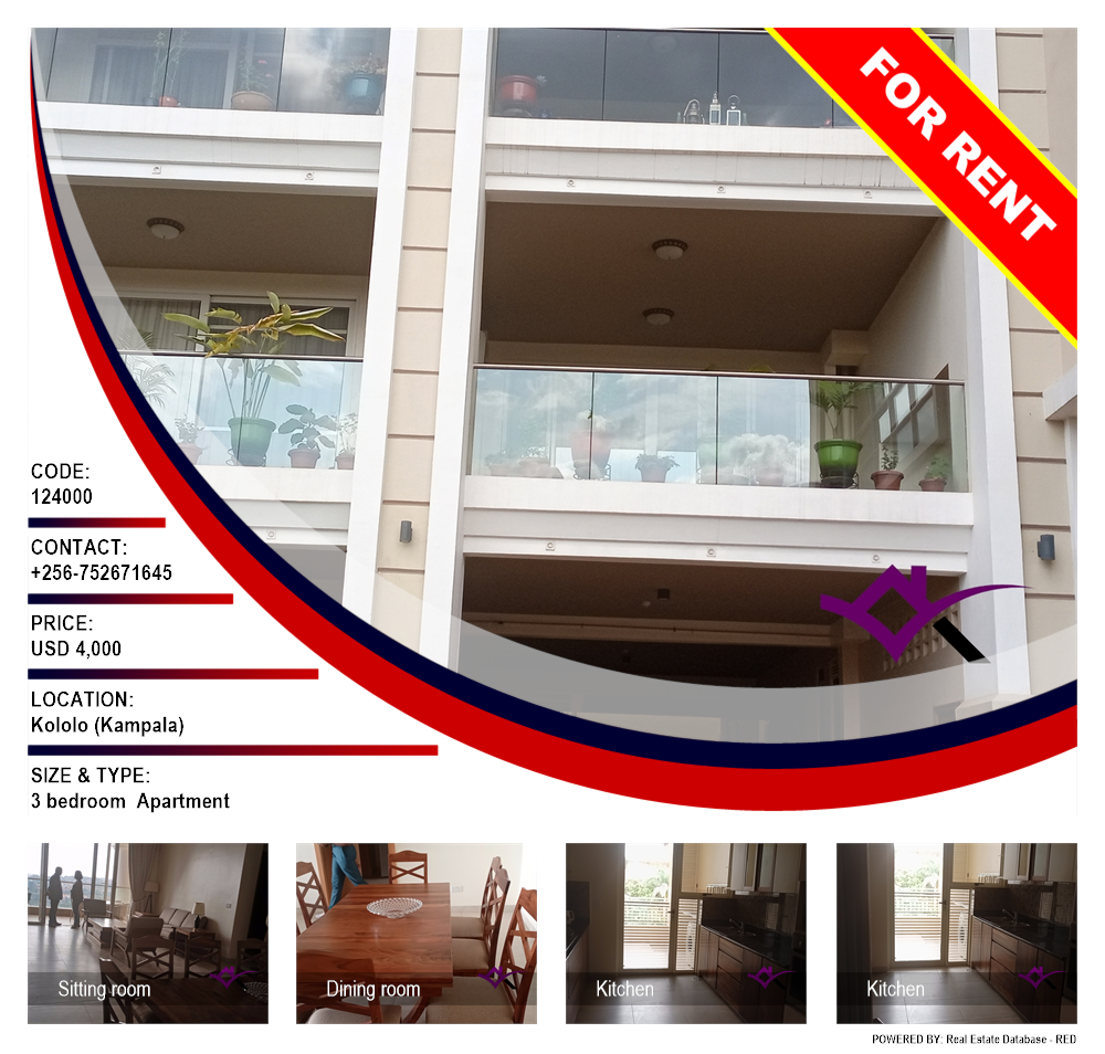 3 bedroom Apartment  for rent in Kololo Kampala Uganda, code: 124000