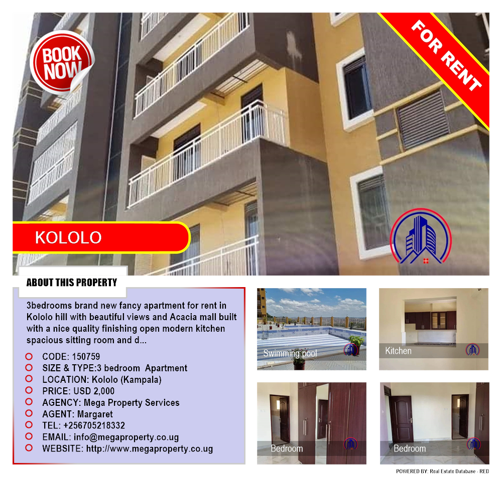 3 bedroom Apartment  for rent in Kololo Kampala Uganda, code: 150759