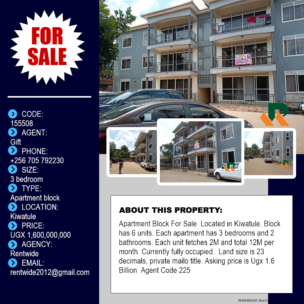 3 bedroom Apartment block  for sale in Kiwaatule Kampala Uganda, code: 155508