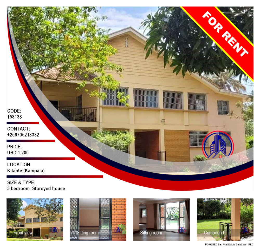 3 bedroom Storeyed house  for rent in Kitante Kampala Uganda, code: 158138