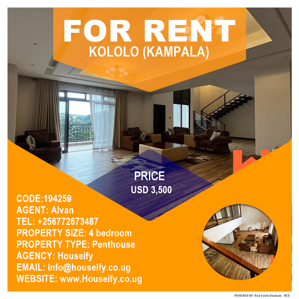 4 bedroom Penthouse  for rent in Kololo Kampala Uganda, code: 194259