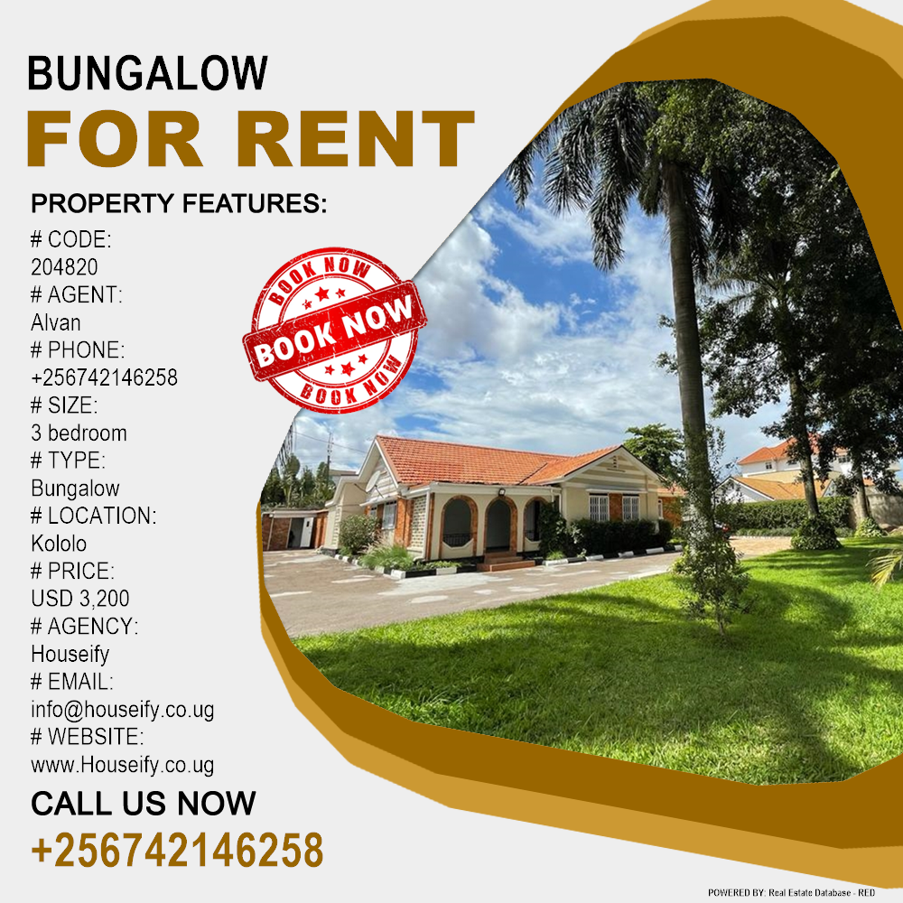 3 bedroom Bungalow  for rent in Kololo Kampala Uganda, code: 204820