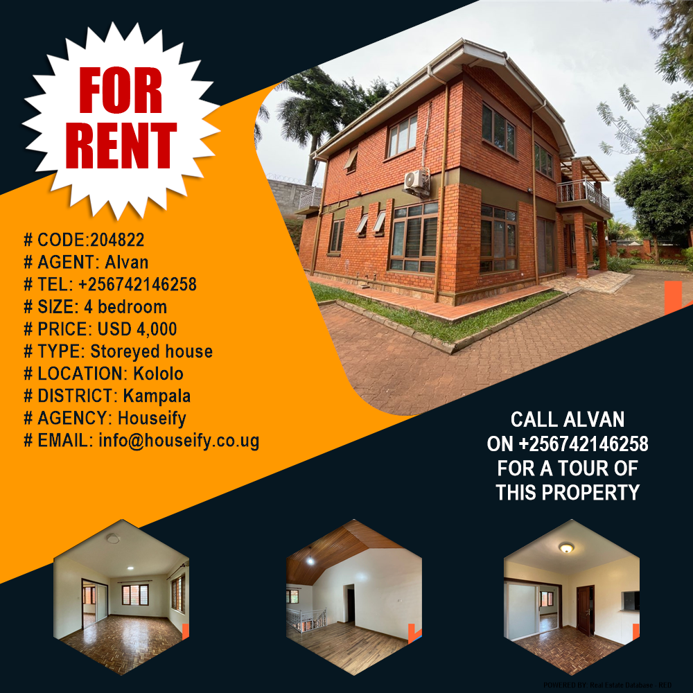 4 bedroom Storeyed house  for rent in Kololo Kampala Uganda, code: 204822