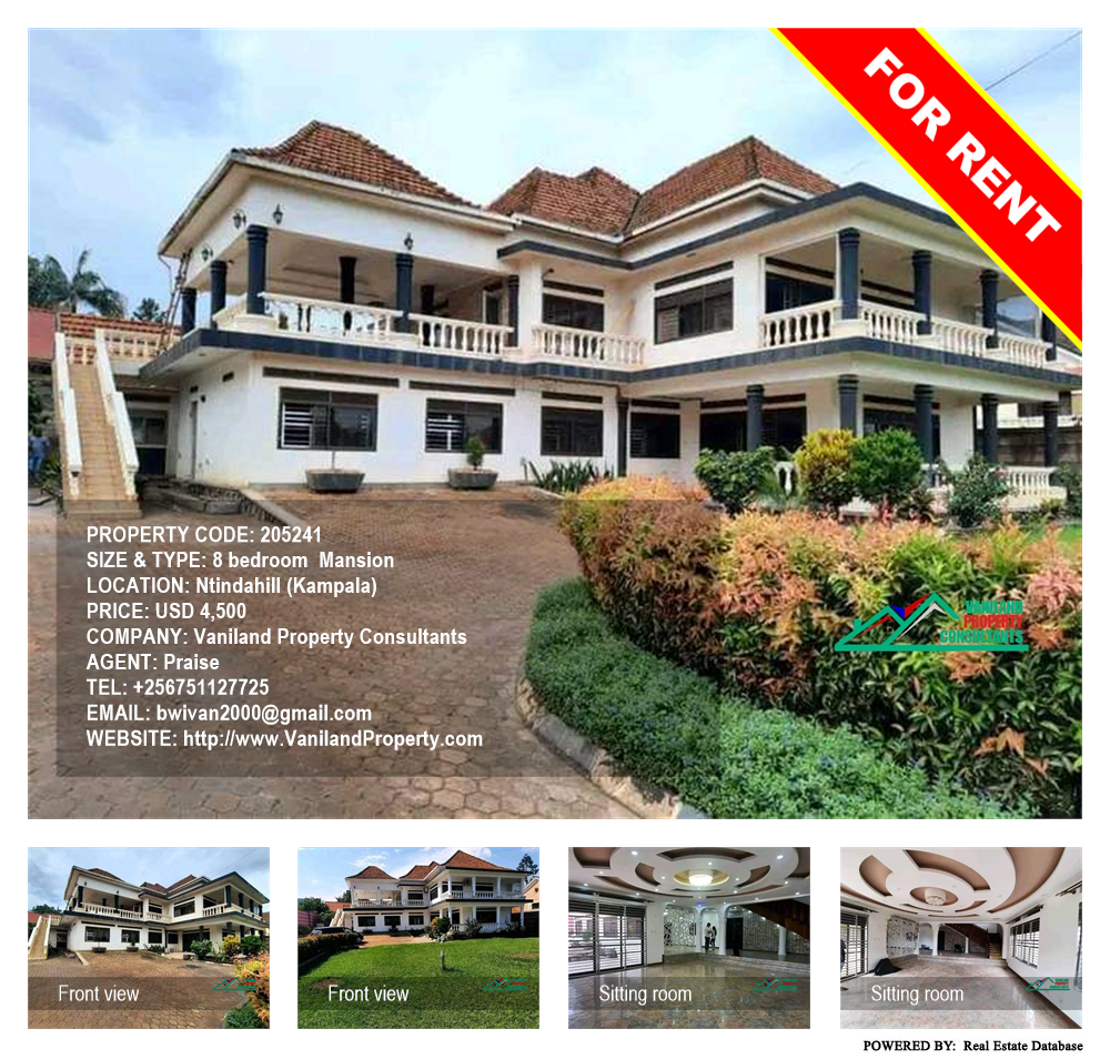 8 bedroom Mansion  for rent in Ntindahill Kampala Uganda, code: 205241