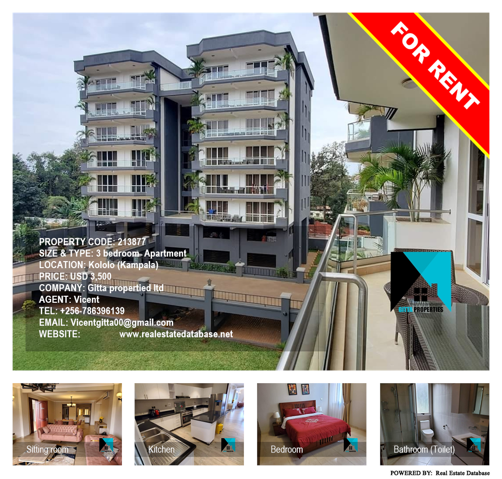 3 bedroom Apartment  for rent in Kololo Kampala Uganda, code: 213877