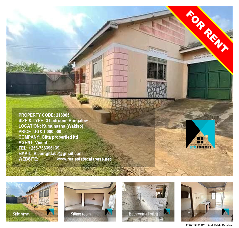 3 bedroom Bungalow  for rent in Kumunaana Wakiso Uganda, code: 213905