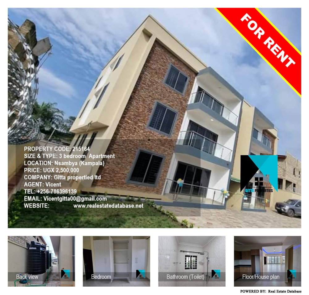 3 bedroom Apartment  for rent in Nsambya Kampala Uganda, code: 215164