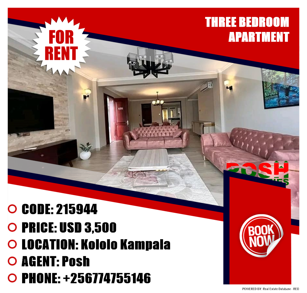 3 bedroom Apartment  for rent in Kololo Kampala Uganda, code: 215944