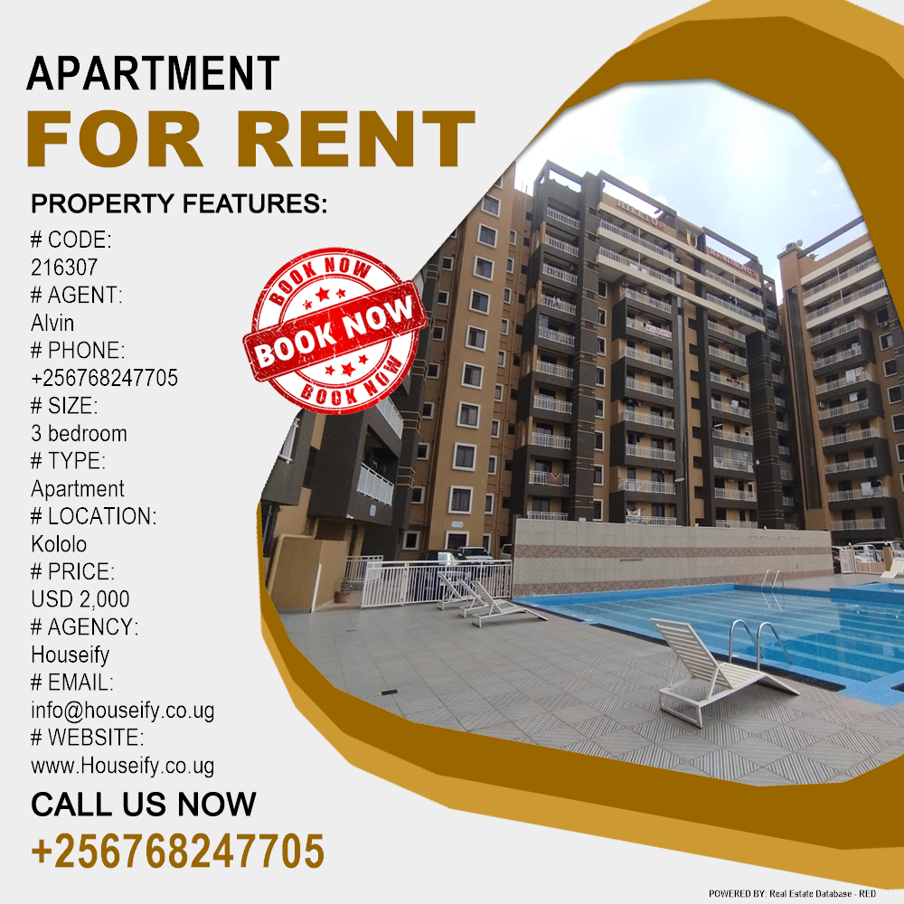 3 bedroom Apartment  for rent in Kololo Kampala Uganda, code: 216307