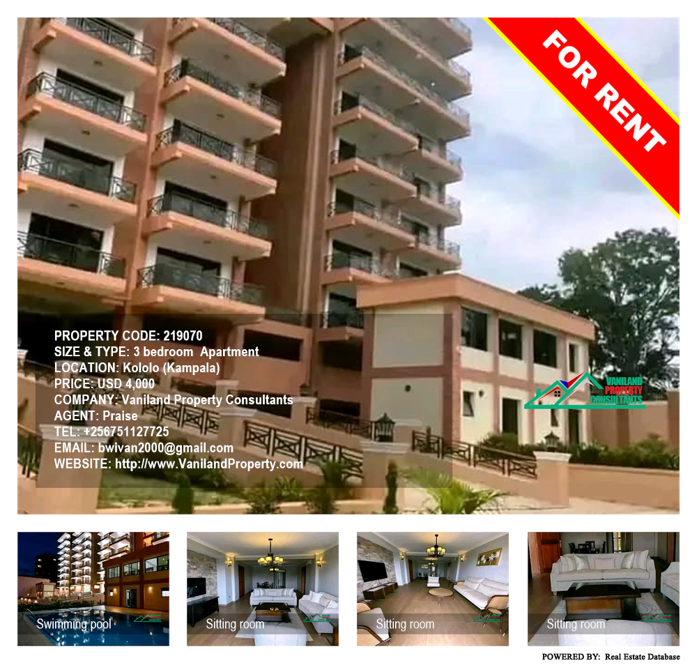 3 bedroom Apartment  for rent in Kololo Kampala Uganda, code: 219070