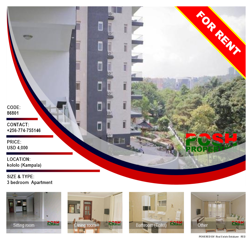 3 bedroom Apartment  for rent in Kololo Kampala Uganda, code: 86801