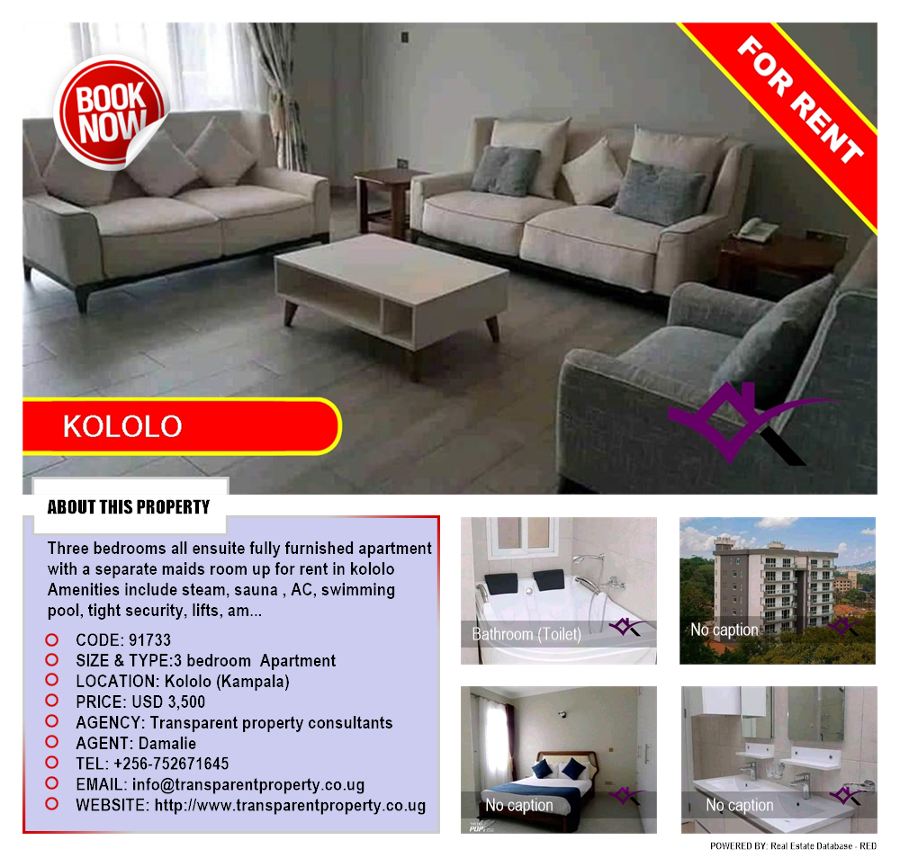 3 bedroom Apartment  for rent in Kololo Kampala Uganda, code: 91733