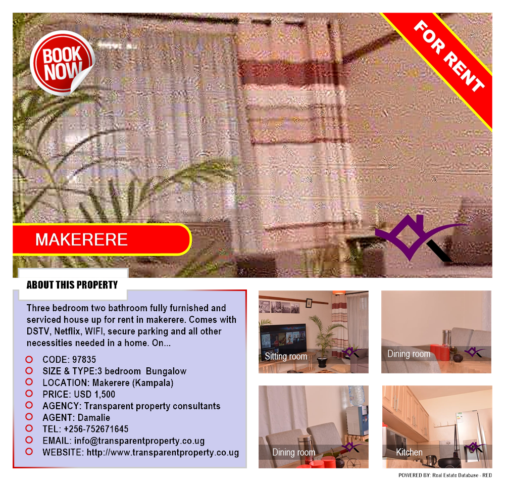 3 bedroom Bungalow  for rent in Makerere Kampala Uganda, code: 97835